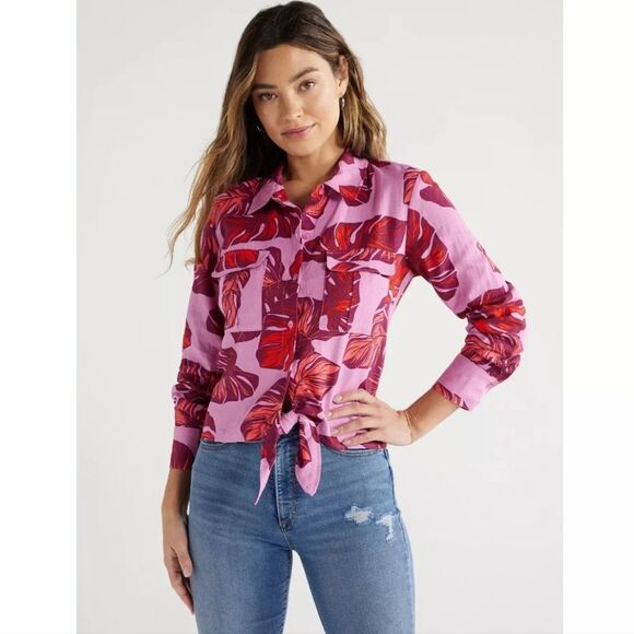 Sofia Jeans Women's Tie Front Linen Top With Cargo Pockets‎ Opera Mauve Pink XL - Picture 1 of 12
